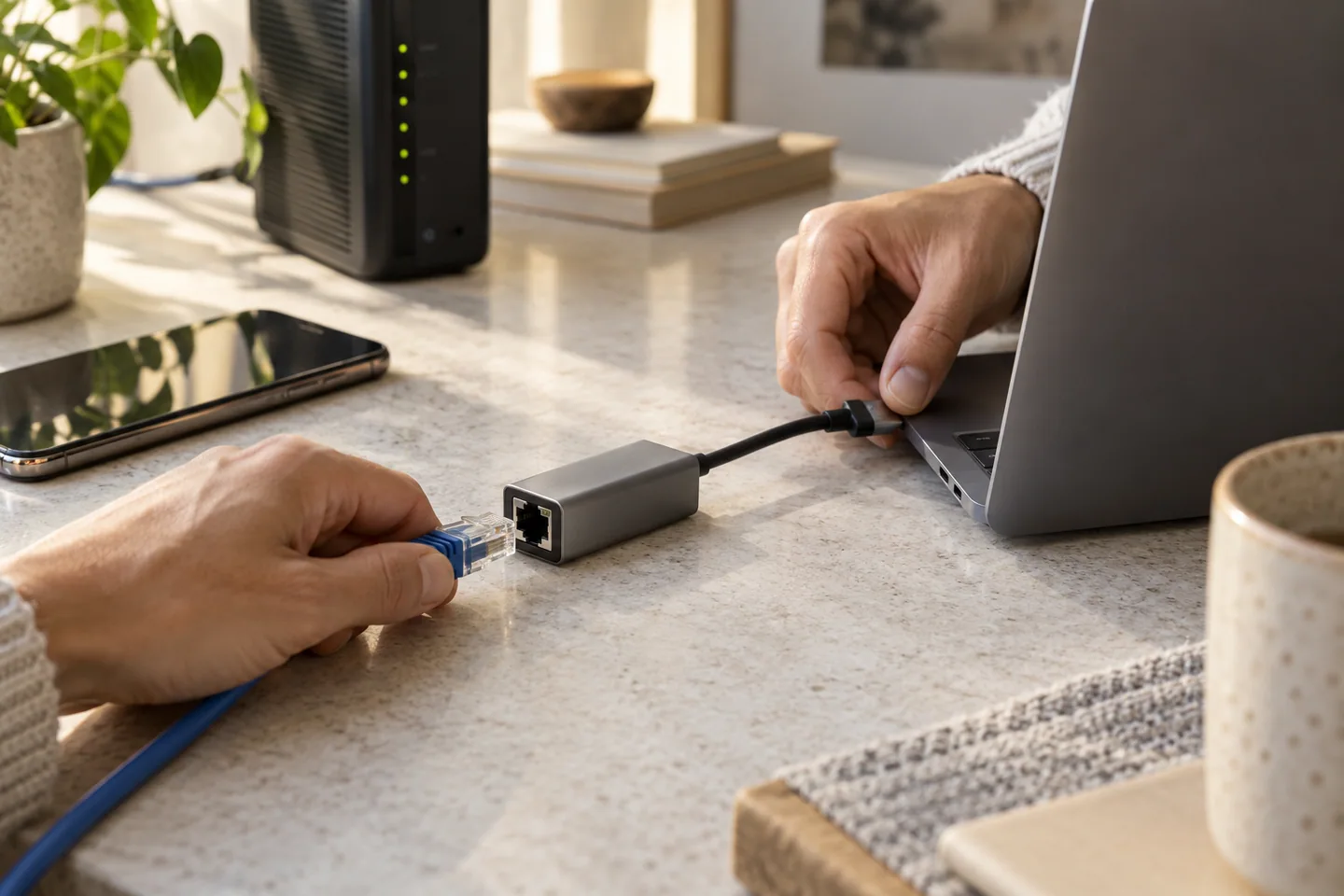 手部在住宅桌面上将USB-C网络转接器连接到笔记本