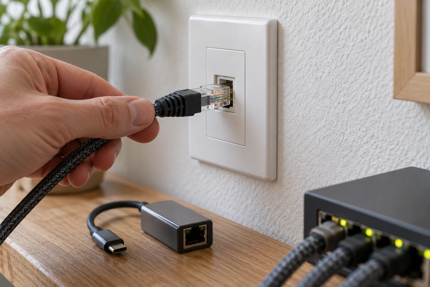 手部将RJ45接头连接到墙面以太网口，旁边放有USB-C转接器
